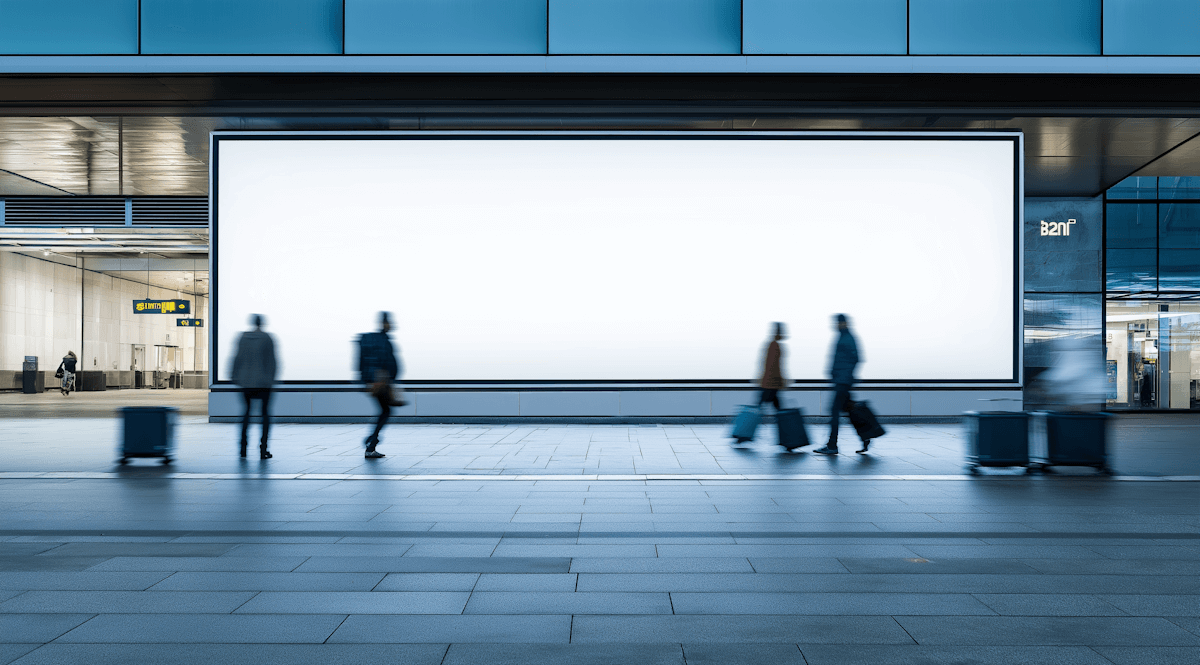A blank white billboard in a modern transit area with blurred figures walking by.